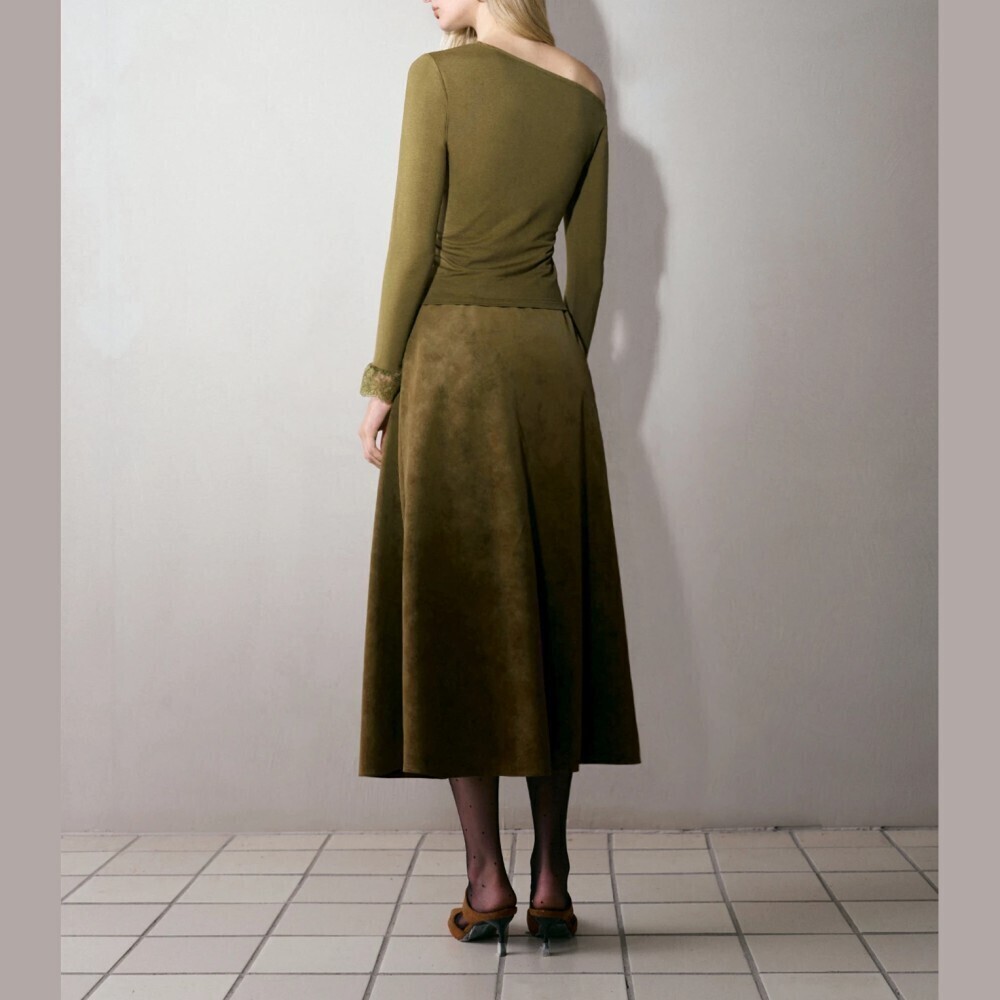 Olive Green Asymmetrical Neck Top with Lace Trim Cuffs - Picture 6 of 6